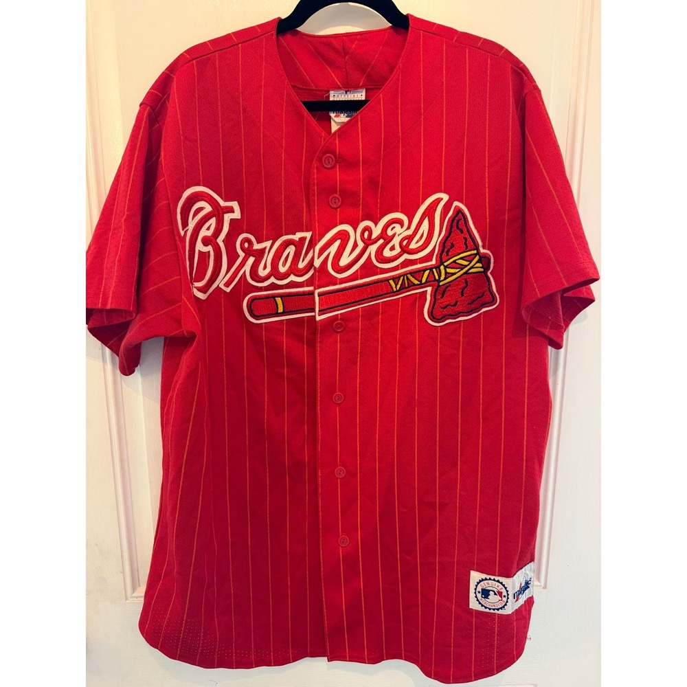 Atlanta Braves Jersey Mens Large Red Pinstripe Majestic MLB Button Front